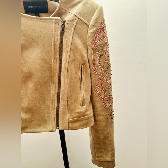 BCBGMAXAZRIA Nicholas Faux Suede Cropped Embroidered Moto Jacket, Size XS - Picture 6 of 14